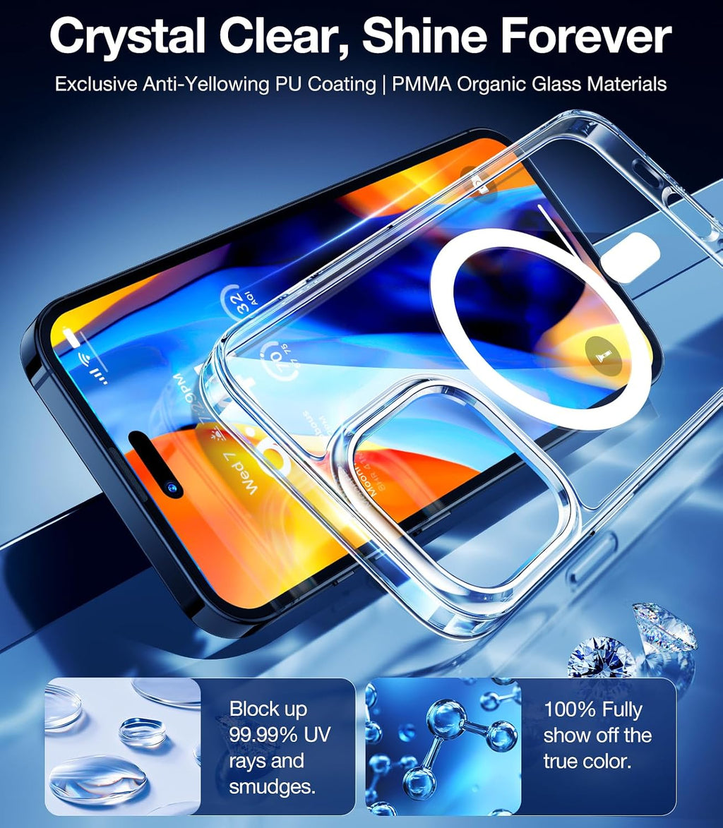TORRAS Funda magnética a prueba de golpes para iPhone 15 Pro, probada contra caídas de grado militar, compatible con MagSafe, parte trasera de policarbonato duro transparente con funda protectora delgada de silicona antihuellas, transparente