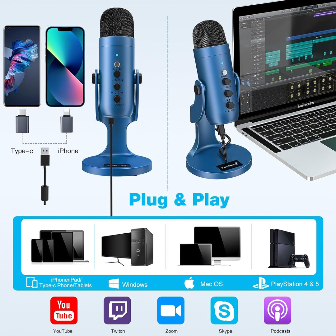 ZealSound Micrófono de podcast para PC, micrófono USB con cancelaci...