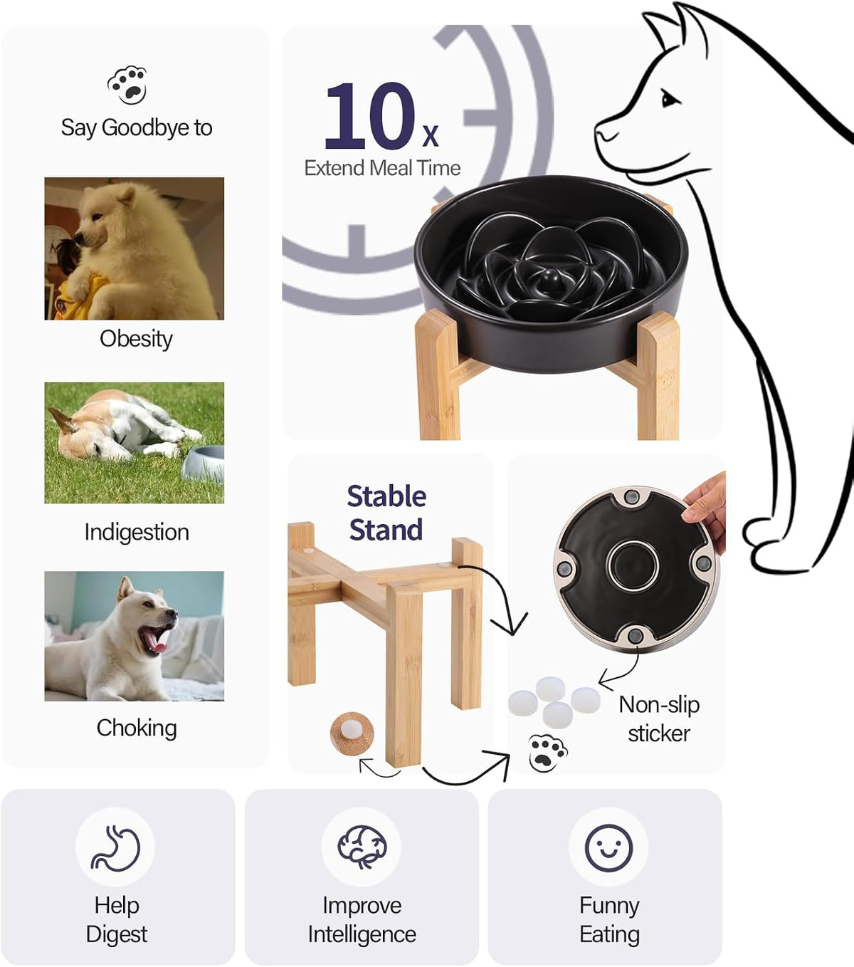 Cuenco de cerámica negra para perros de raza pequeña y media, cuenco elevado de alimentación lenta de 6.1 pulgadas, cuenco de comida para perros de rompecabezas para comer rápido, plato de laberinto