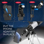 Telescopio para niños y principiantes, 2.756 in de apertura (15X-150X) AZ Mount Telescopios para astronomía, telescopio refractor portátil con trípode, adaptador de teléfono