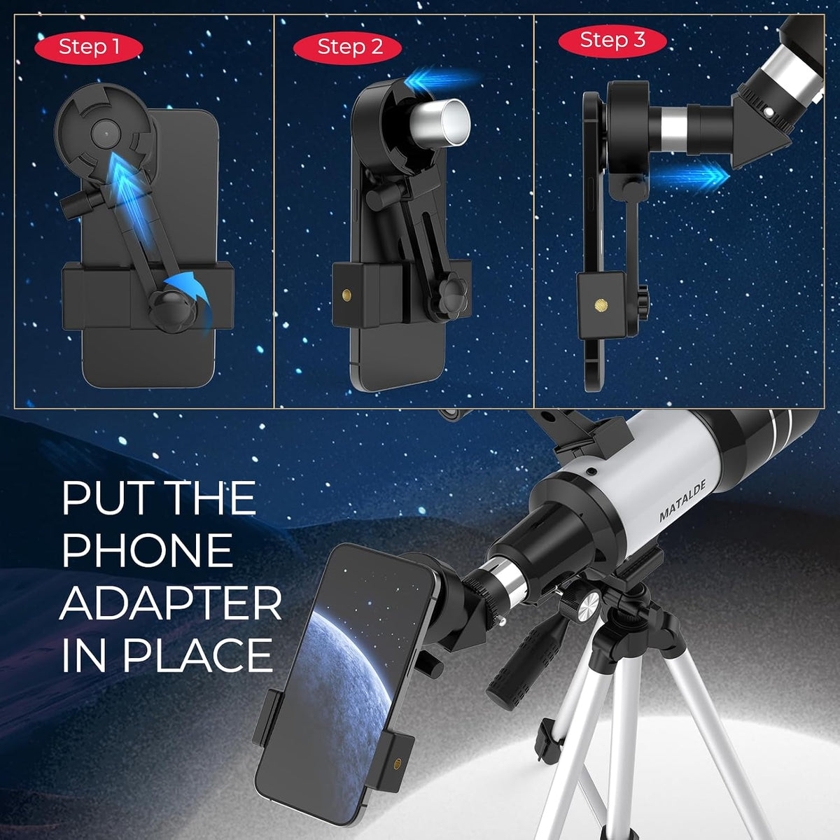 Telescopio para niños y principiantes, 2.756 in de apertura (15X-150X) AZ Mount Telescopios para astronomía, telescopio refractor portátil con trípode, adaptador de teléfono