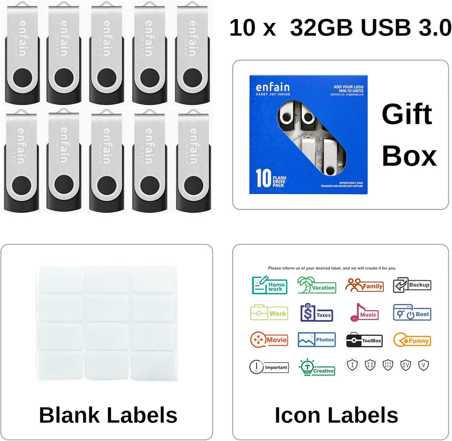 Enfain Unidad flash USB 3.0 de 32 GB para compartir, paquete de 10...