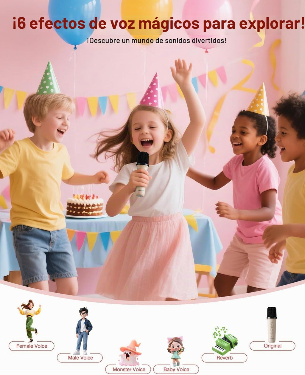 Mini máquina de karaoke con altavoz Bluetooth portátil con 2 micrófonos inalámbricos y luces de fiesta para niñas y niños, regalos de cumpleaños para fiestas familiares (vainilla)