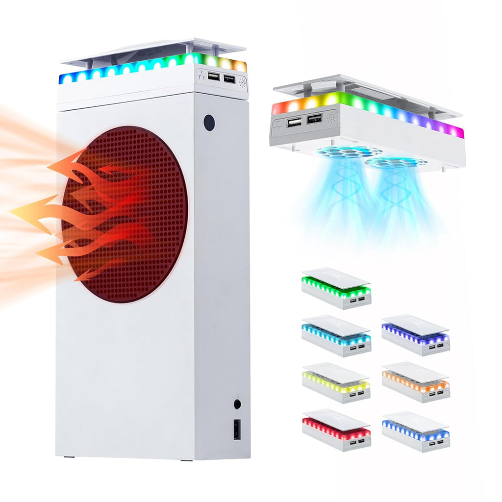 Mcbazel Ventilador de Enfriamiento RGB para Xbox Series S, Sistema de Enfriamiento con 3 Niveles de Velocidad Ajustables, Banda de Luz RGB de 7 Modos, Filtro de Polvo, Bajo Ruido y 2 Puerto USB, Ventilador Enfriador para Xbox Series S (Solo Consola)