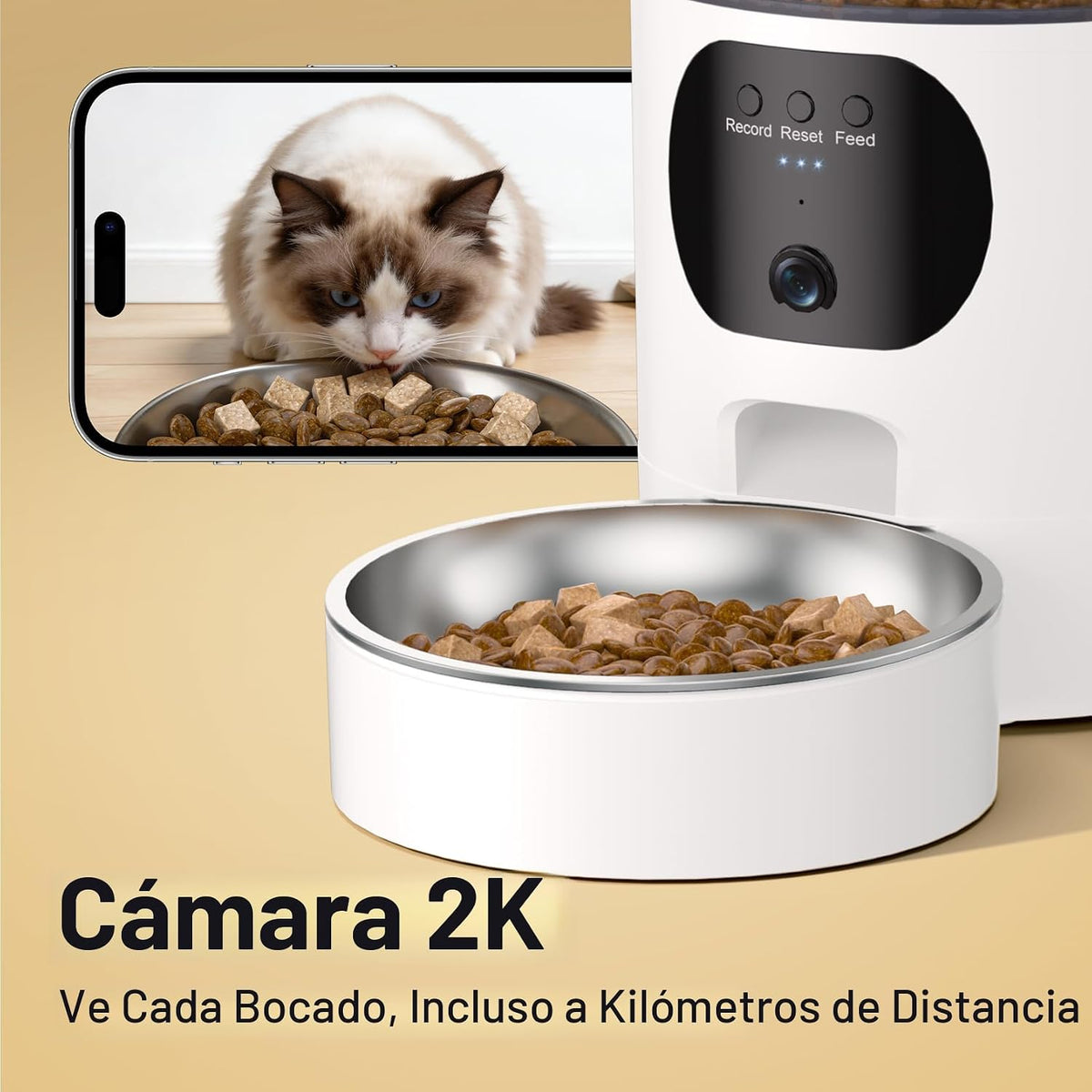 Alimentador automático para gatos con cámara 2K, control inteligente 5G/2.4WiFi de la aplicación de 6.5L