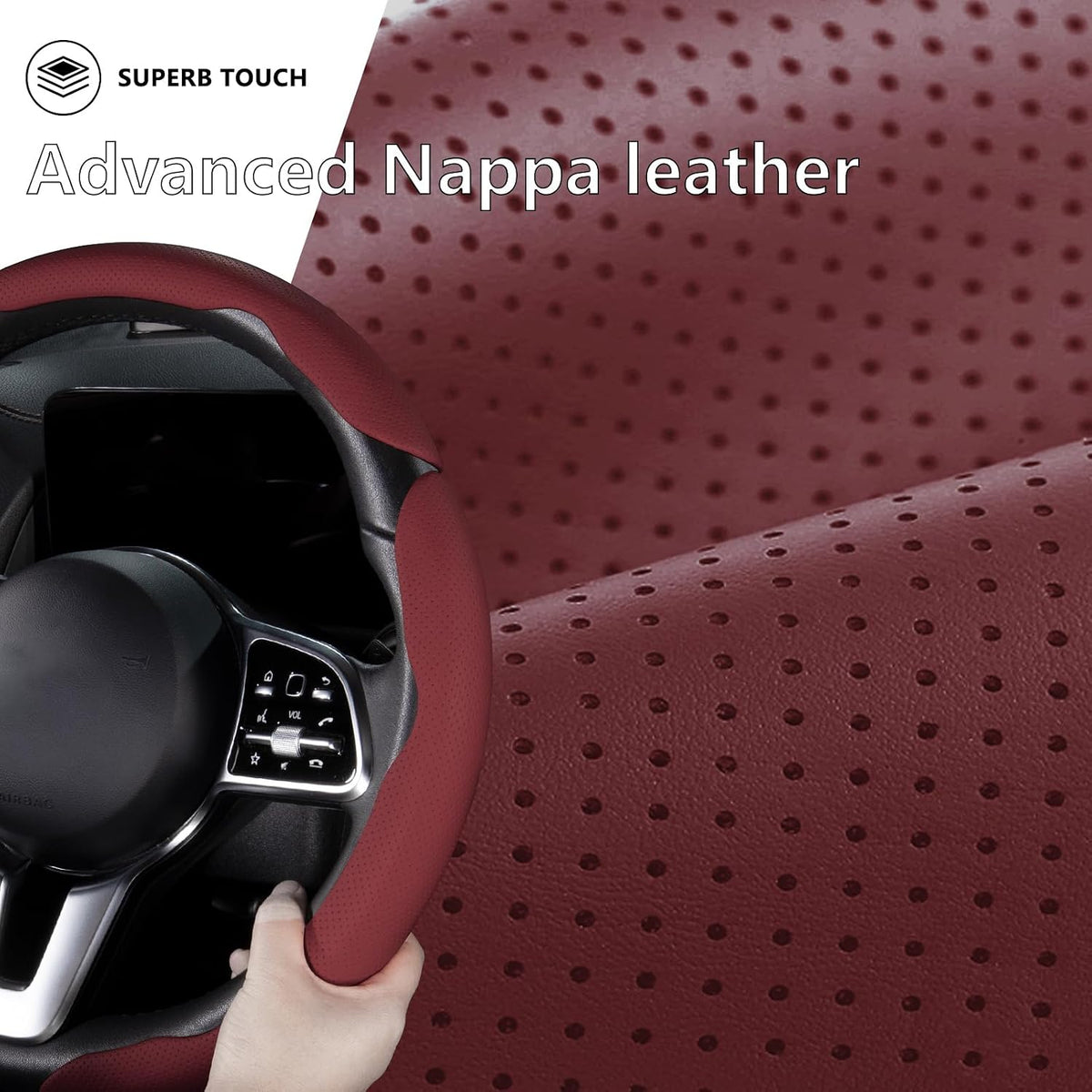 Funda de cuero para volante de automóvil con broche, juego de 3 piezas, protector antideslizante, envolvente, accesorios para volante de 14.5-15 pulgadas, universal, rojo vino