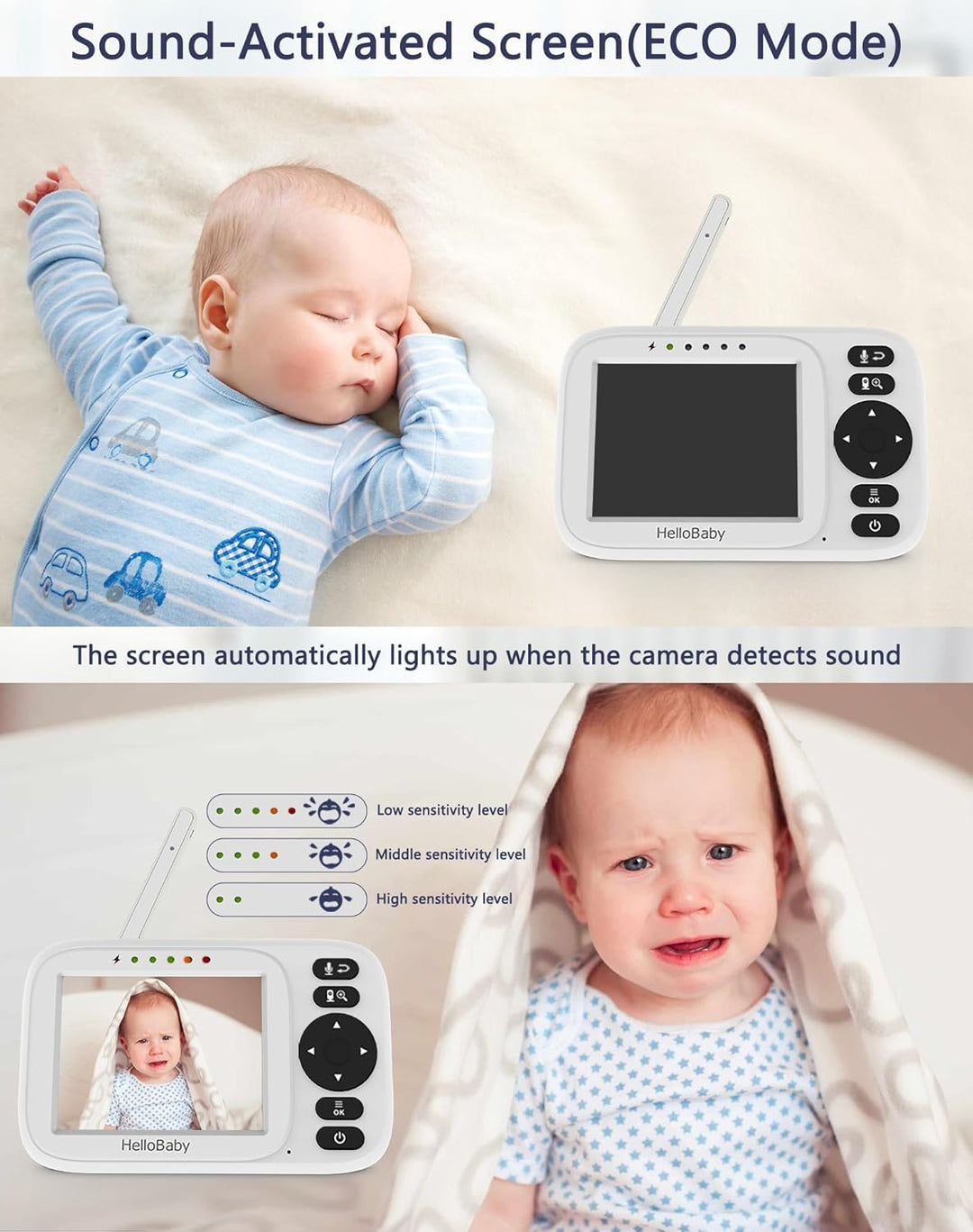 HelloBaby Monitor de bebé con 2 cámaras, pantalla de 3.2 pulgadas,...