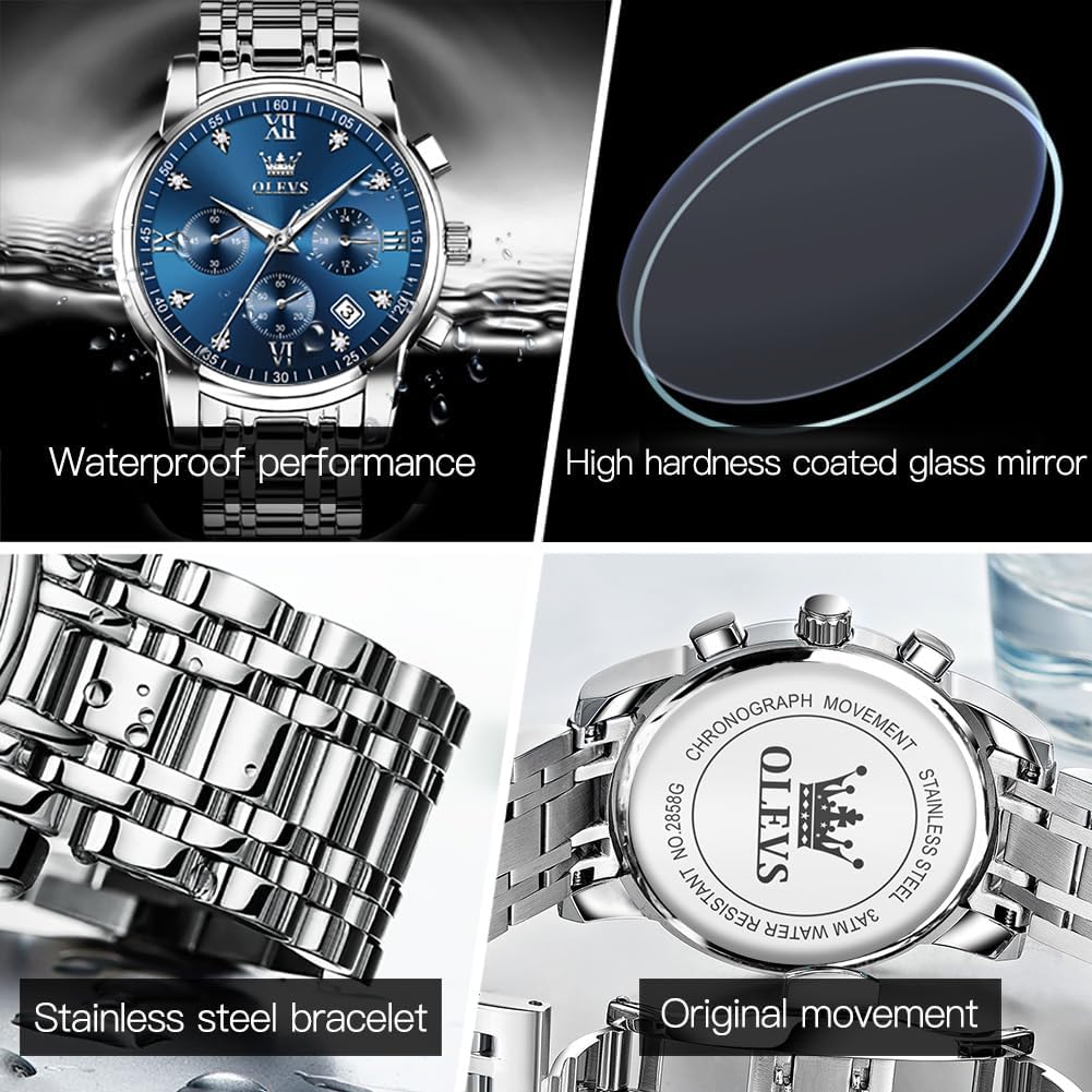 OLEVS Relojes de Oro para Hombres Reloj de Pulsera de Lujo a Prueba de Agua Gran Cara Elegante Acero Inoxidable Analógico Cuarzo Fecha Cronógrafo Luminoso Lectura Fácil Relojes de Negocios Regalos para Hombres Graduación
