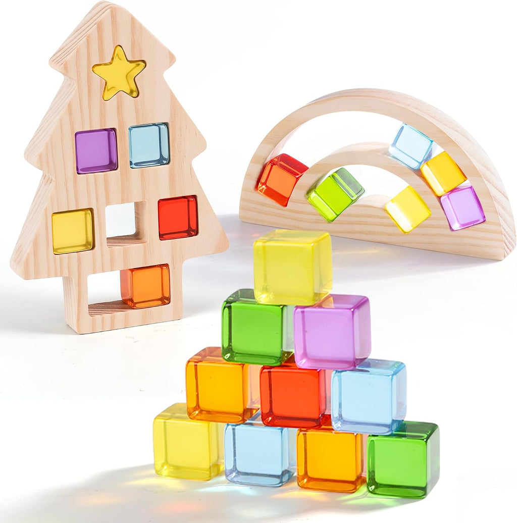 Juego de bloques de construcción de madera para niños, marco de madera de arco iris y árbol, 24 unidades de cubos de gemas acrílicas, juguetes apilables Montessori, juguetes educativos de