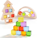 Juego de bloques de construcción de madera para niños, marco de madera de arco iris y árbol, 24 unidades de cubos de gemas acrílicas, juguetes apilables Montessori, juguetes educativos de