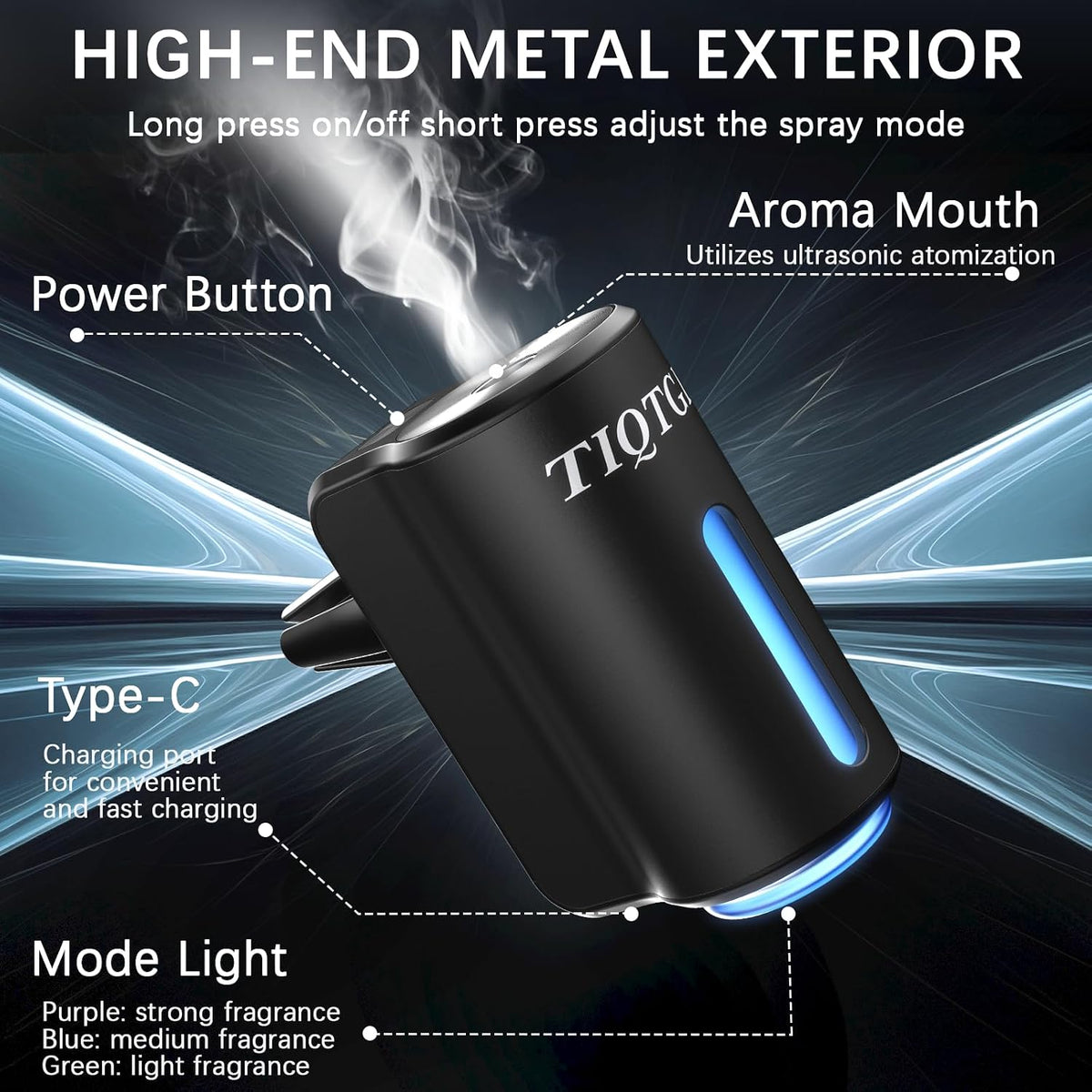 Ambientador inteligente para automóvil, difusor de ambientador de coche con 3 modos ajustables, aromatizante recargable para Carro con 8 piezas de aceite esencial, de larga duración, negro