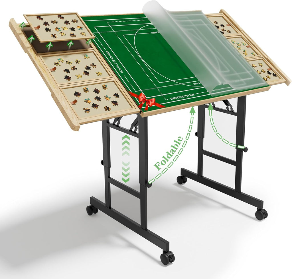 CODACE Mesa de rompecabezas con cajones, 1500 piezas plegables para adultos, tablero de rompecabezas inclinable con bandejas de clasificación, mesa con patas y ruedas de altura ajustable, regalo para