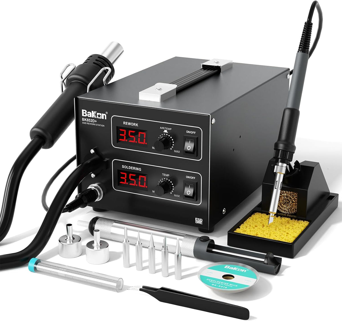 Bakon 852d+ Kit de pistola de calor y soldador 2 en 1, estación de soldadura de retrabajo de aire caliente SMD, kit electrónico de múltiples funciones, pantalla digital LED, temperatura ajustable tipo
