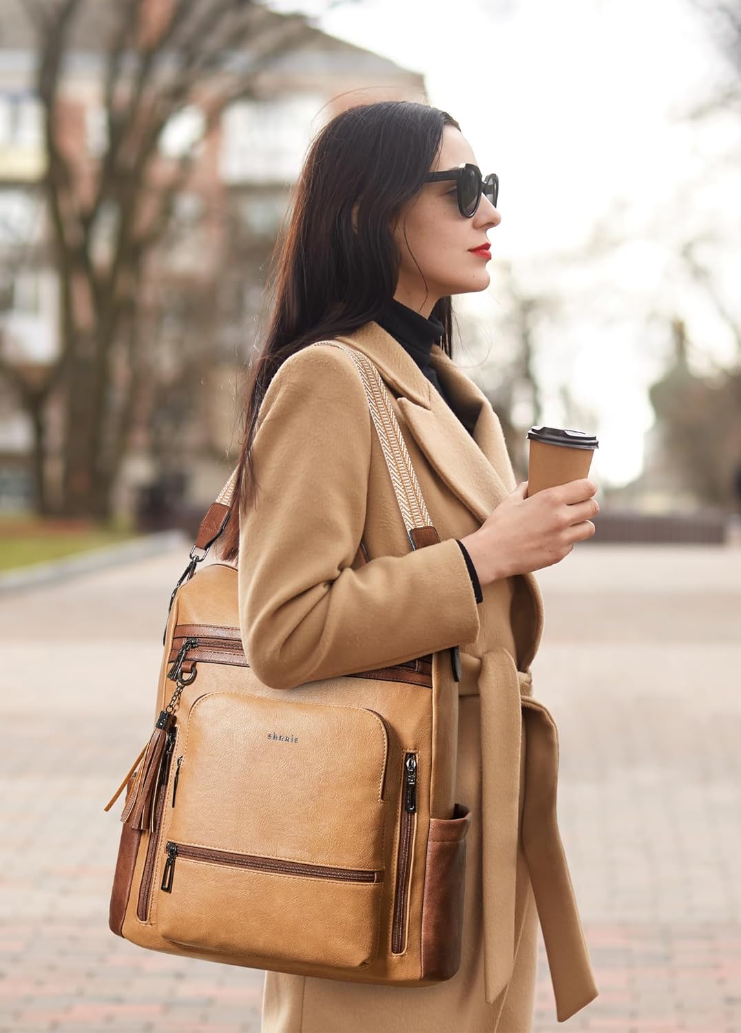 Shrrie Mochila de cuero vegano para computadora portátil para mujer...