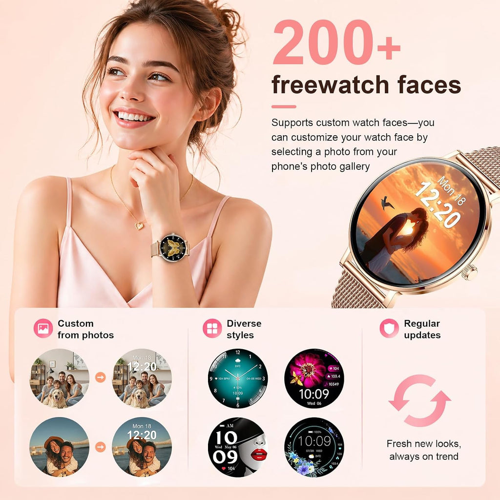 Relojes inteligentes para mujer, monitor HD AMOLED de 1.32 pulgadas para hacer y responder llamadas, monitor de frecuencia cardíaca 24/7/sueño/SpO2 para Android y iPhone, más de 130 modos