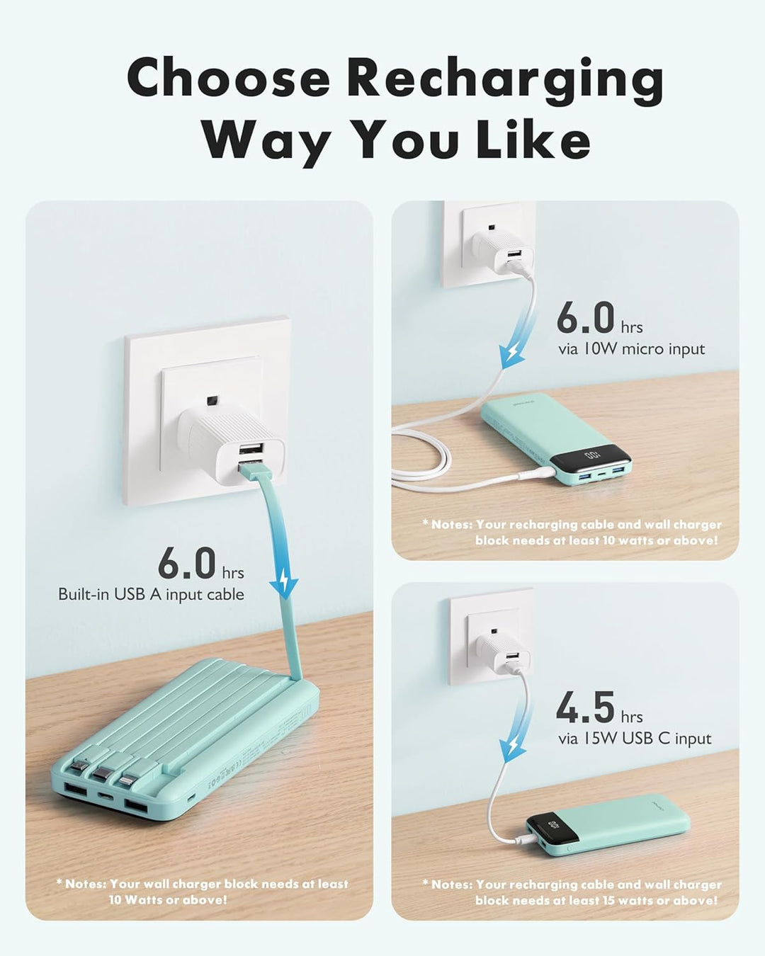 charmast Cargador portátil con cables incorporados, banco de energí...