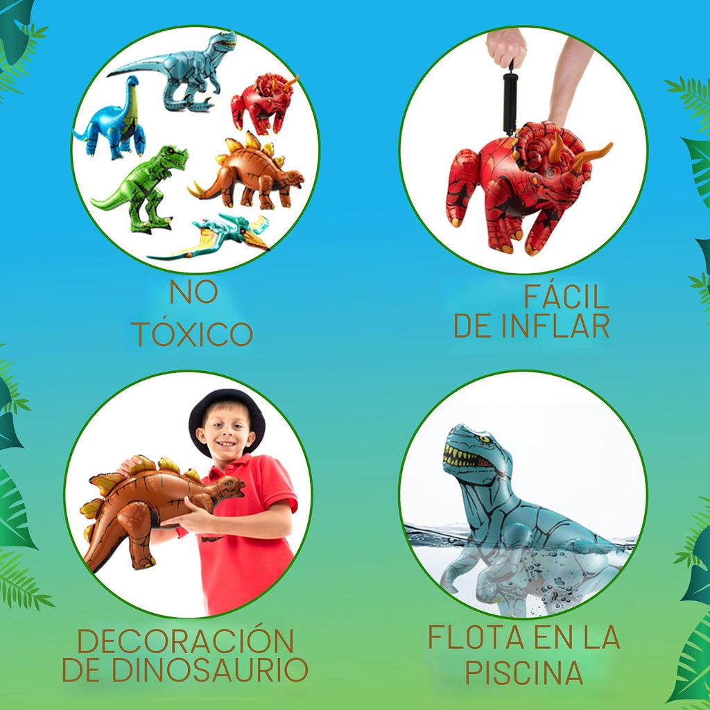 6 piezas de decoraciones inflables de dinosaurio para fiestas de cumpleaños, juguetes grandes de dinosaurios inflables para niños (20-26 pulgadas), dinosaurios para niños o niñas, globos de vinilo