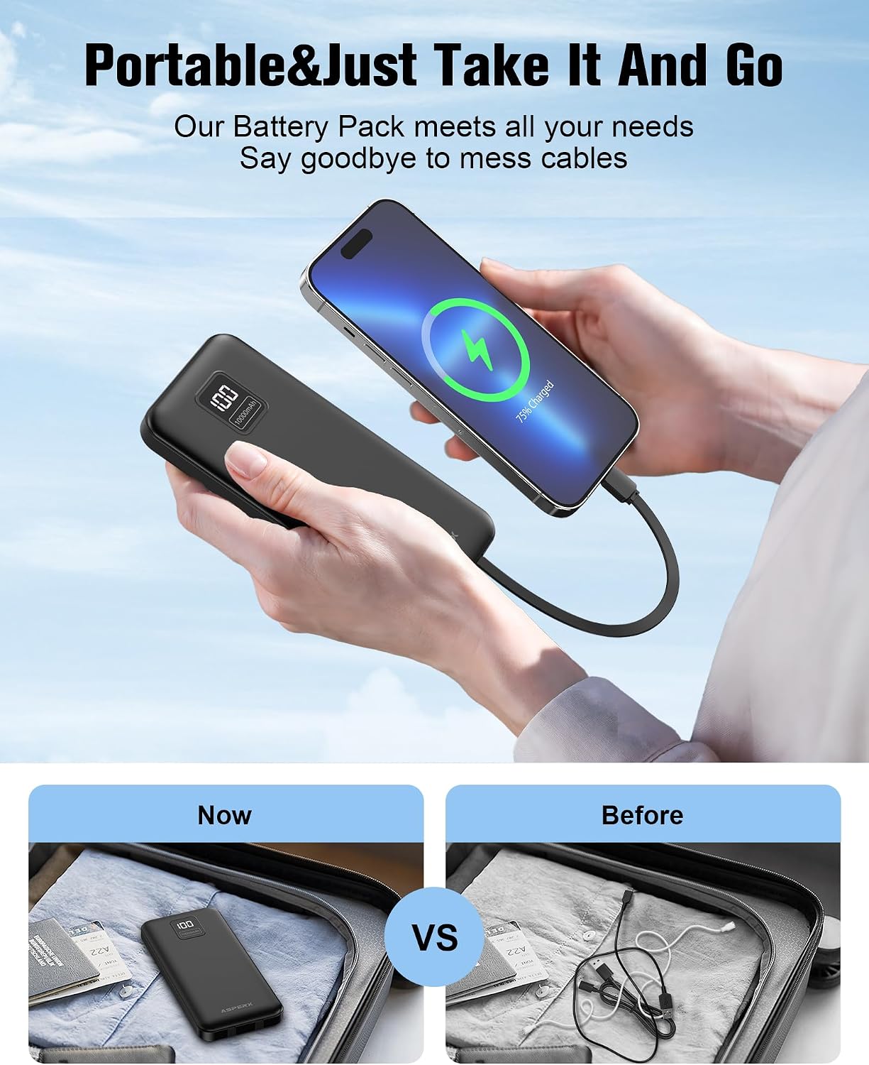 AsperX Paquete de 2 cargadores portátiles de 10000 mAh con cables i...