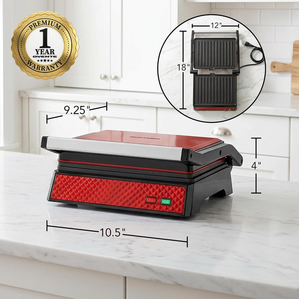 OVENTE Parrilla eléctrica de prensa Panini para interiores + sandwichera, color rojo GP0620R