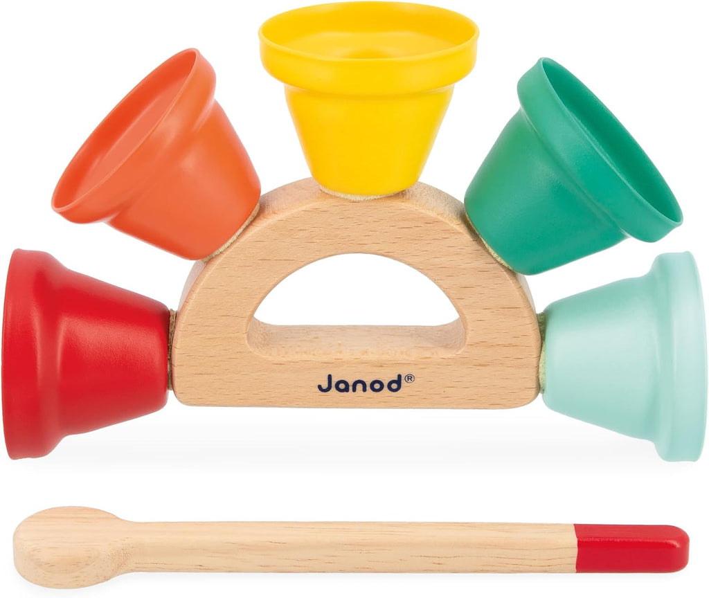 Janod Gioia - Juego de campanas de madera y metal, campanas musicales de 5 notas en soporte de madera con mazo, desarrollo temprano de ritmo y sonido para niños pequeños (18 meses a 3 años) - J07638