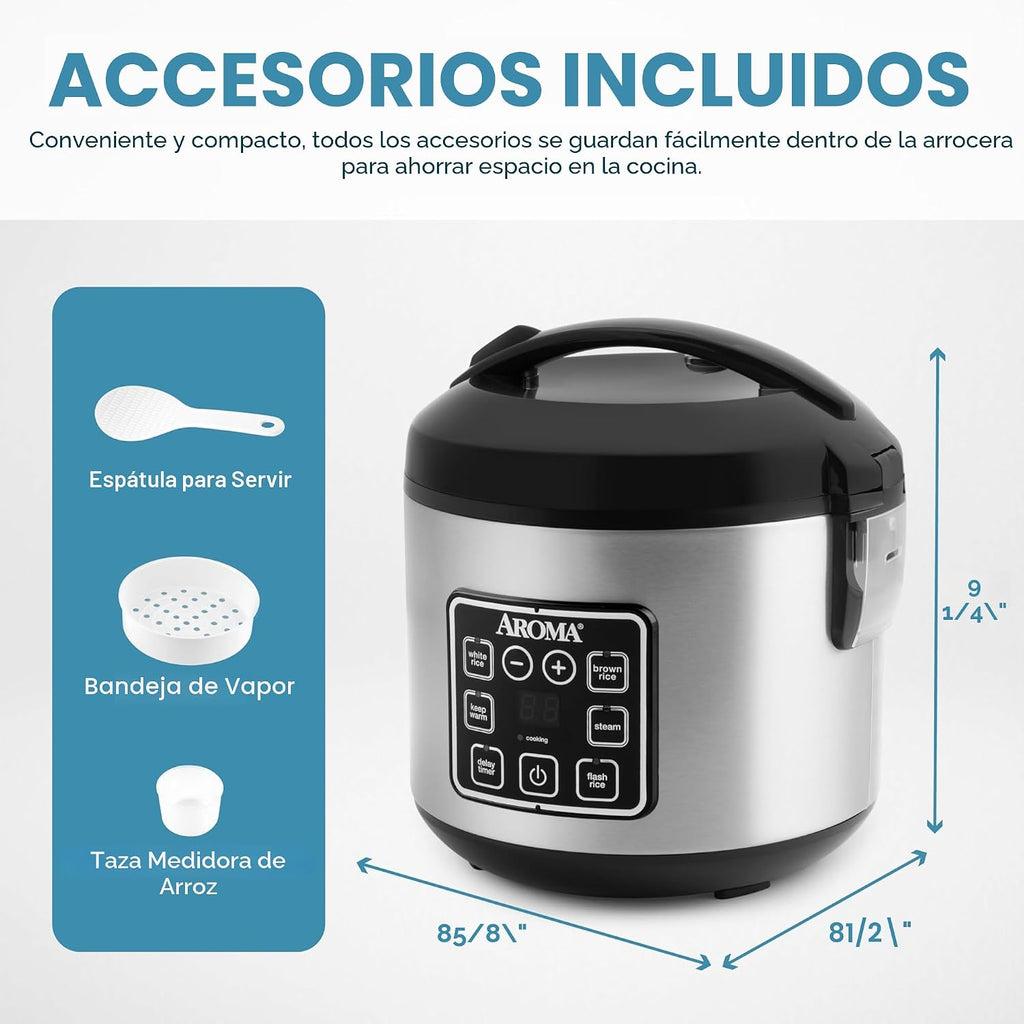 Olla arrocera y olla a vapor Aroma Housewares ARC-914SBD digital con aislamiento térmico, 8 tazas (cocinadas), plateado, Plateado