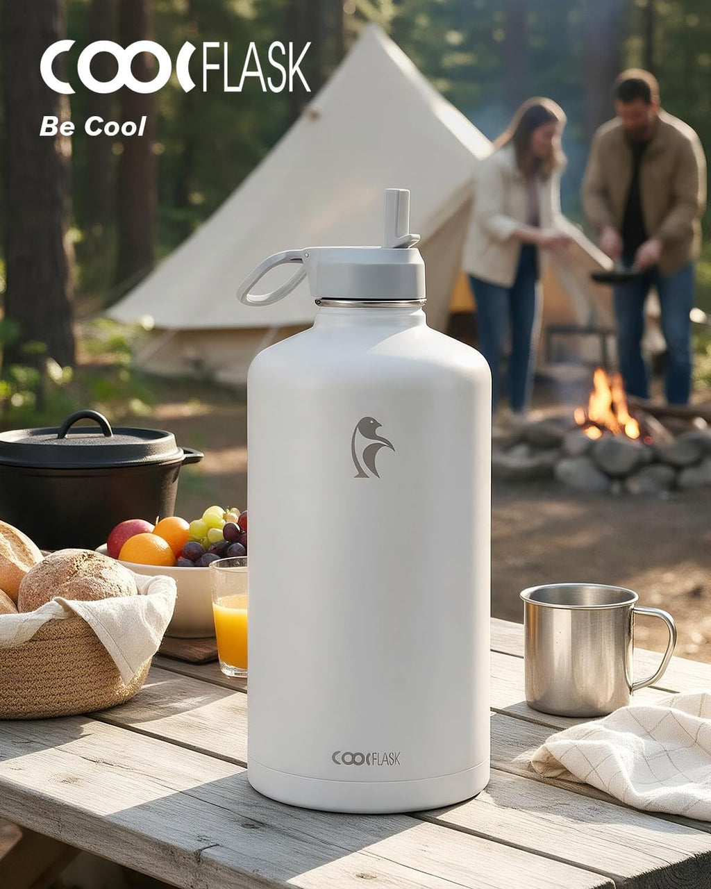 Coolflask Botella de agua de 128 onzas aislada con popote y 3 tapas a