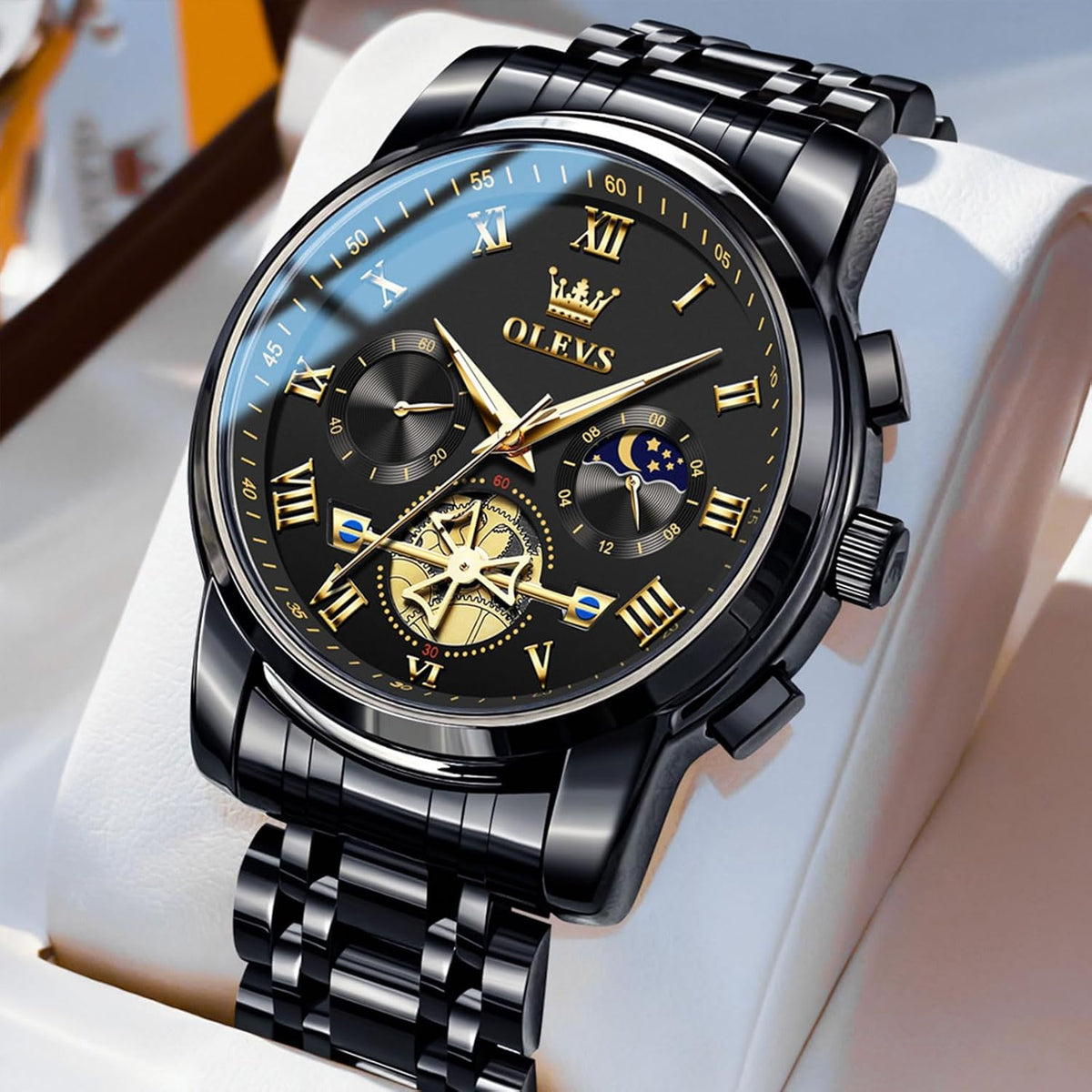 OLEVS Relojes para hombre, resistente al agua, de lujo, gran cara, reloj analógico de cuarzo de acero inoxidable, relojes de vestir analógicos para hombre, luminoso, multifuncional, reloj de hombre