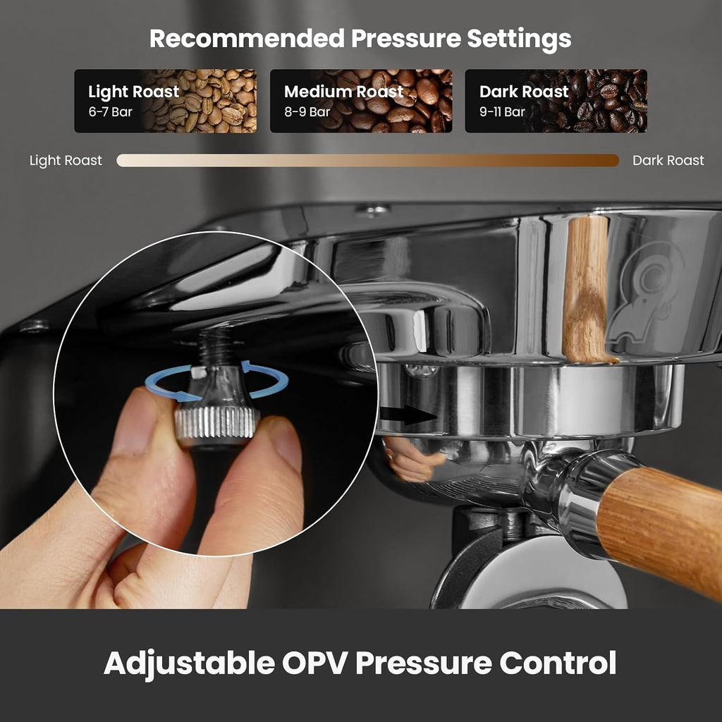 Gemilai G3028A - Máquina de café expreso, cafetera profesional de 15 bares con presión ajustable y espumador de leche automático, doble PID y caldera de 18.6 fl oz, tanque de 57 onzas, acero inoxidable para capuchino, gris latte