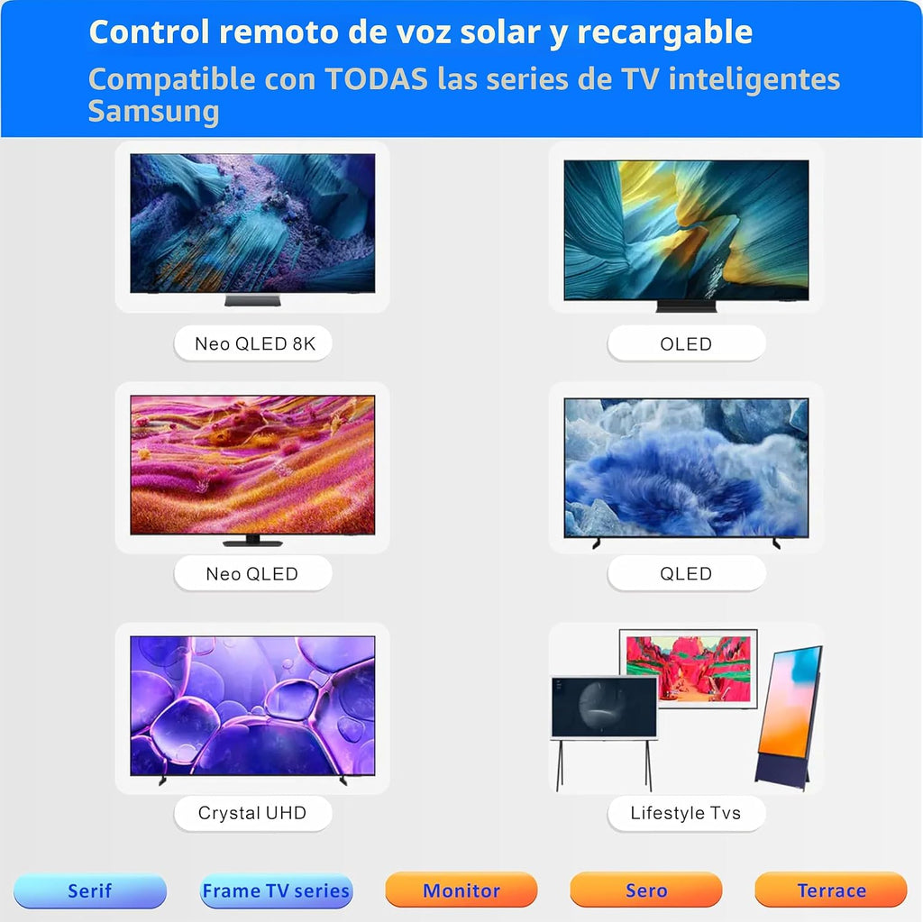 Mando a distancia solar de repuesto para Samsung Smart TV (2018-2025): célula solar recargable, carga USB-C, voz y Bluetooth, neo, QLED, cristal UHD, marco, terraza, sero, serif y monitor