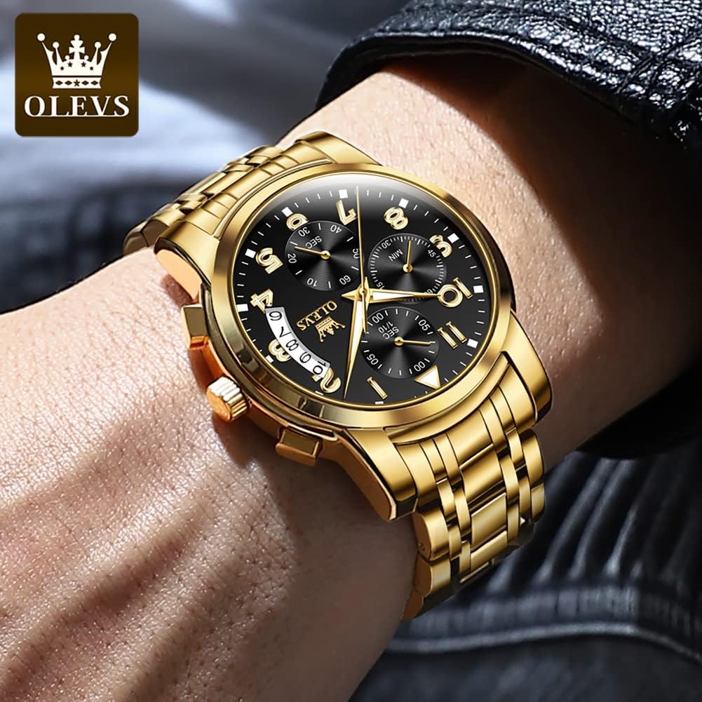 OLEVS Relojes de Oro para Hombres Reloj de Pulsera de Lujo a Prueba de Agua Gran Cara Elegante Acero Inoxidable Analógico Cuarzo Fecha Cronógrafo Luminoso Lectura Fácil Relojes de Negocios Regalos para Hombres Graduación