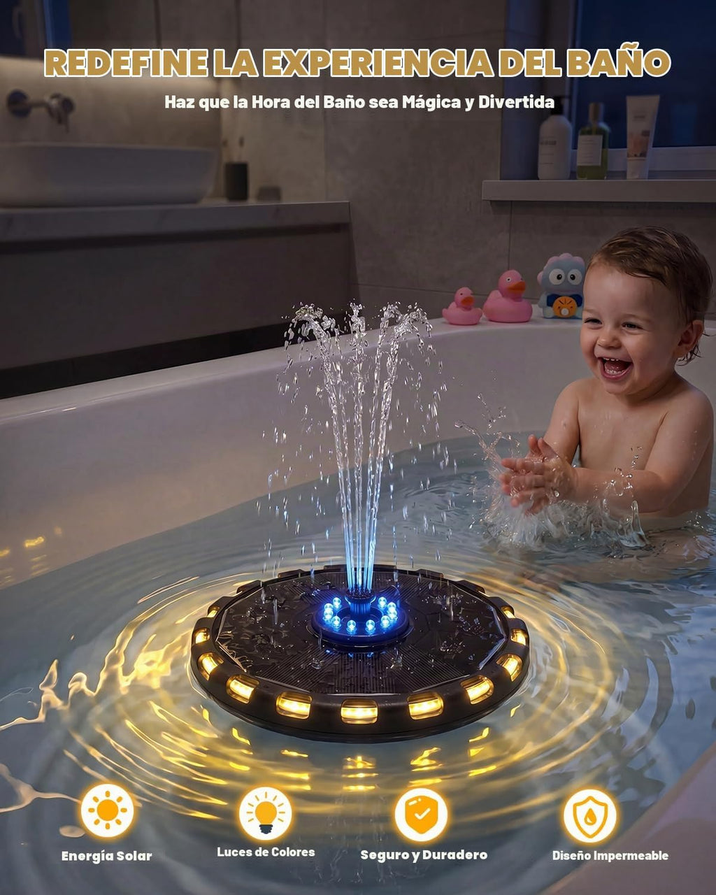 Fuente de baño 2026 para niños, fuente de bañera, rociador de agua flotante con energía solar con luces LED coloridas, 8 modos de pulverización para baño, piscina y ambiente de bañera