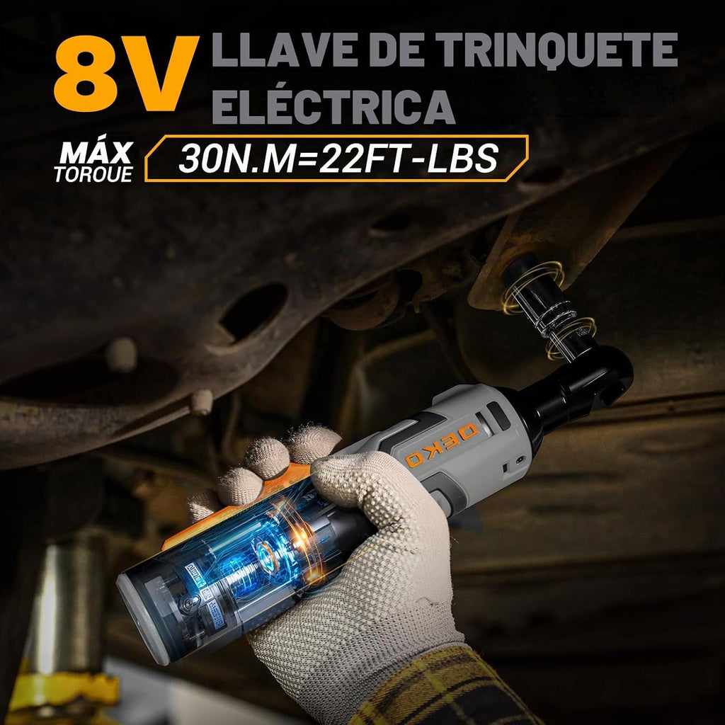 DEKOPRO Juego de llaves de trinquete eléctricas inalámbricas, 19 piezas, kit de herramientas de trinquete eléctrico, llaves de trinquete inalámbricas de 8 V 3/8 pulgadas, velocidad variable con 14