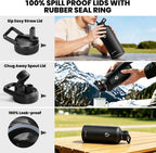 RAYMYLO Botella de acero inoxidable|Aislamiento al vacío de triple pared (fría por hasta 48 horas)|A prueba de fugas|Sin BPA|Con cuerda de paracaídas|Tapa con boquilla y popote|87 oz|Negro mágico