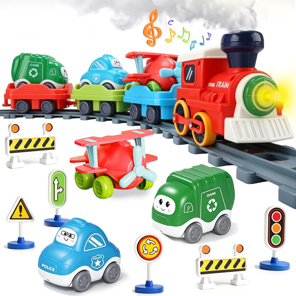 Juego de tren eléctrico para niños pequeños con vapor, luces y música
