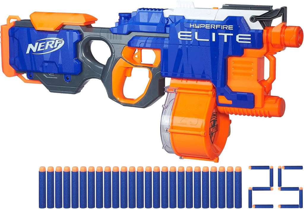 Nerf HyperFire Elite Blaster motorizado, tambor de 25 dardos, dispara hasta 5 dardos por segundo, incluye 25 dardos oficiales Elite (exclusivo de Amazon)