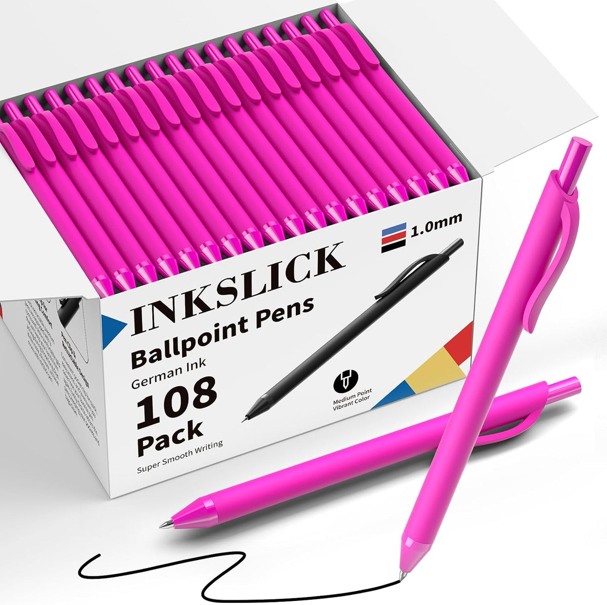 Paquete de 108 bolígrafos negros - Bolígrafos a granel de 0.04 pulgadas de punta media, escritura suave, sin manchas, retráctiles, tinta negra (Rosa)