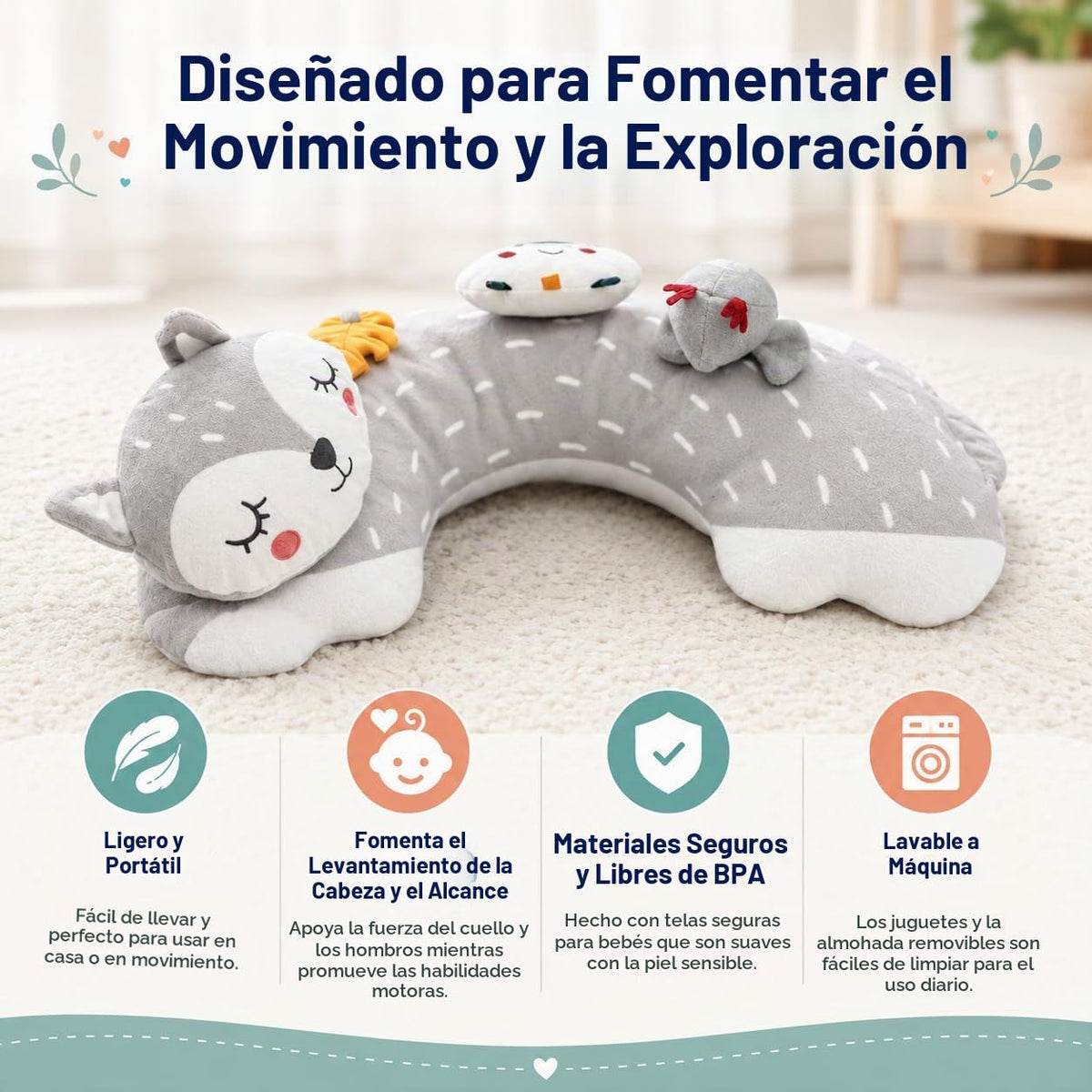 Juguete de actividad para el tiempo boca abajo, almohada sensorial para bebés de 0 a 6 meses, almohada con sonajero desmontable, juguetes arrugados y mordedores, almohada suave y transpirable para recién nacidos y bebés