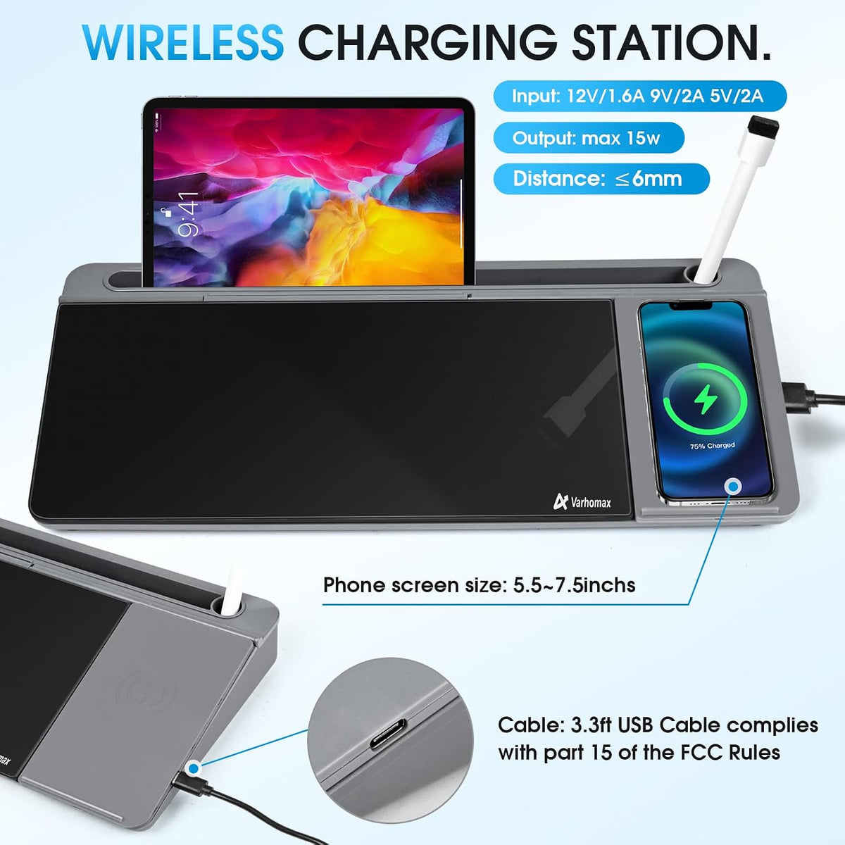 Varhomax Glass Desk Whiteboard con Wireless Charger, Desktop Organizer