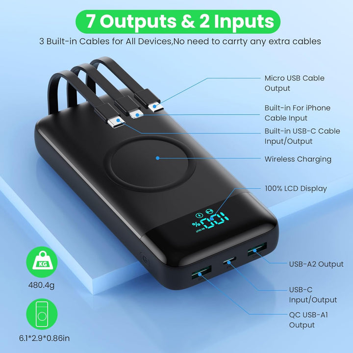 Cargador portátil inalámbrico de 40800 mAh con 3 cables integrados,...