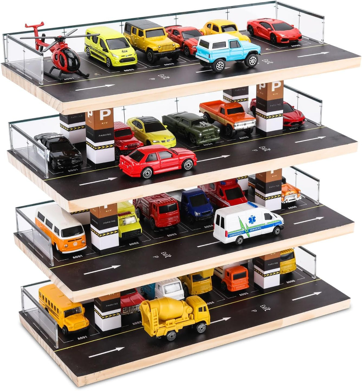 Saichotoy Display Case para Hot Wheels, 4-Level 1/64 Wooden Garage Storage
