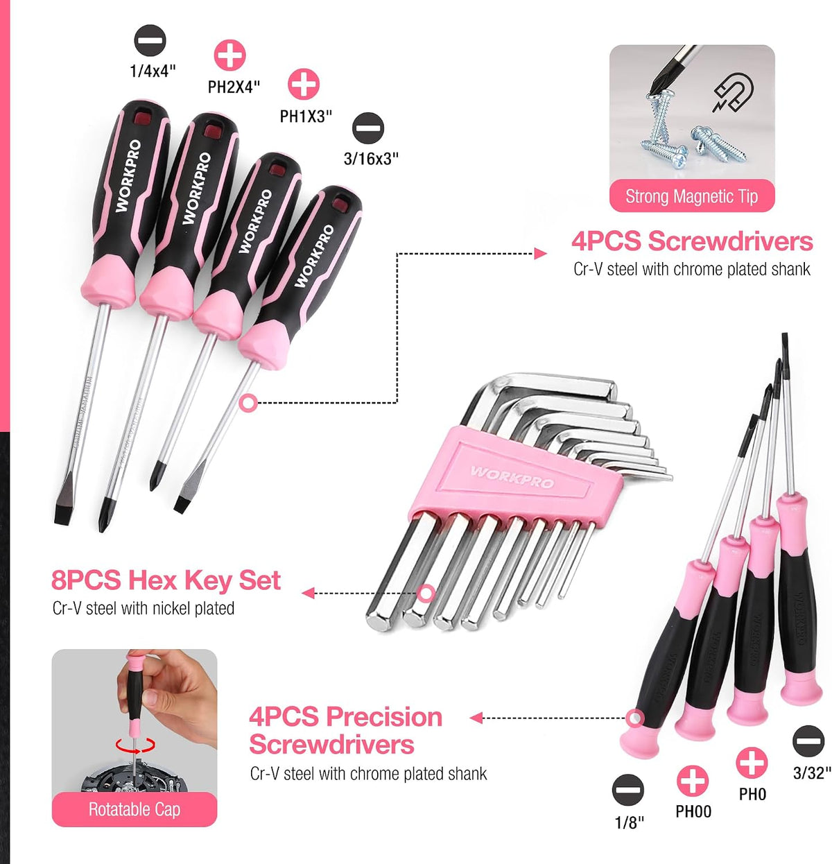 WORKPRO Juego de herramientas rosa de 277 piezas, kit de herramientas de