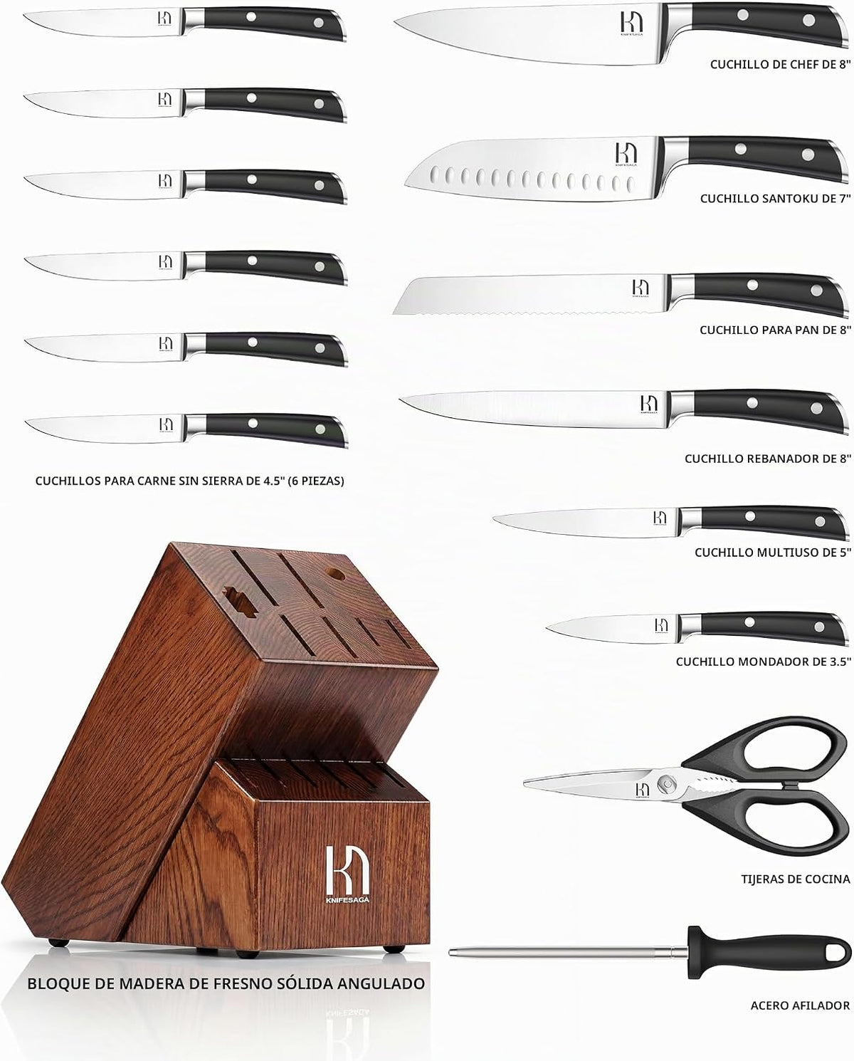 KnifeSaga - Juego de bloques de cuchillos de 15 piezas con afilador, espiga