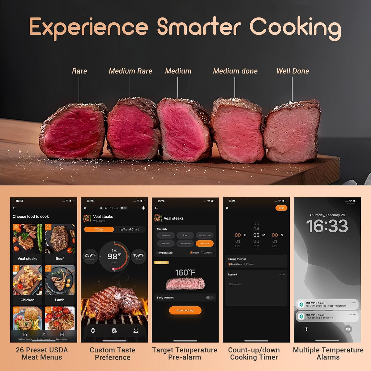 INKBIRD Termómetro de carne inalámbrico, termómetro inteligente para carne Bluetooth, IP67 impermeable con caja recargable para parrilla al aire libre, ahumador, barbacoa, asador, aplicación iOS y