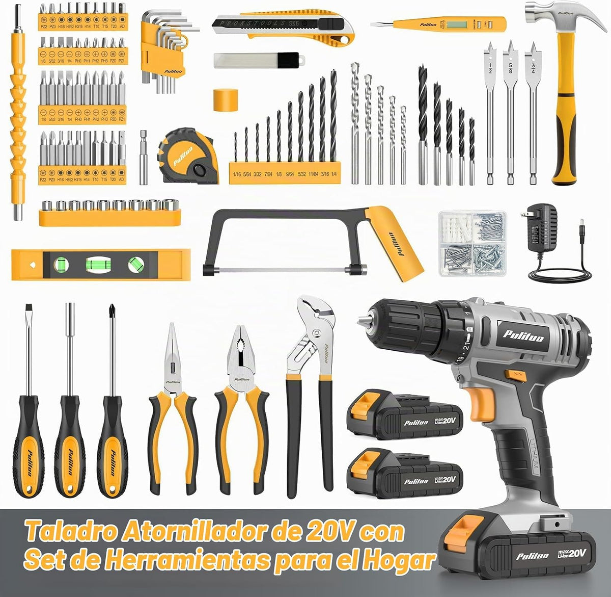 PULITUO Kit de herramientas de taladro eléctrico con taladro/destornillador inalámbrico de 20 V, destornillador eléctrico, 2 baterías y cargador, luz LED, juego de herramientas de bricolaje rosa para