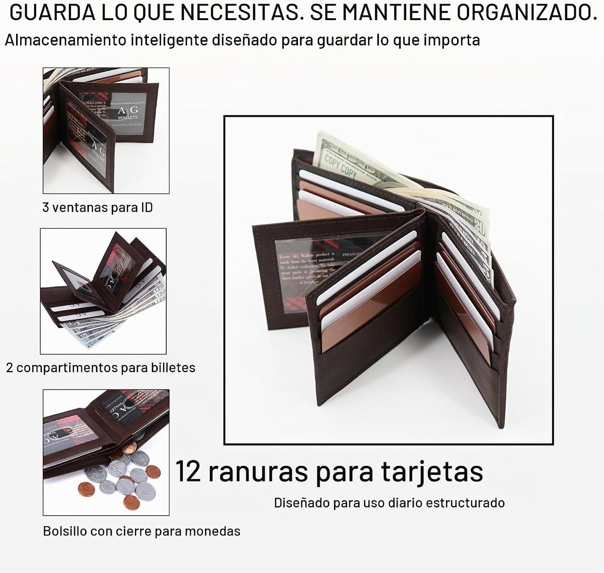 Billetera de cuero plegable para hombre con 3 ventanas para identificación