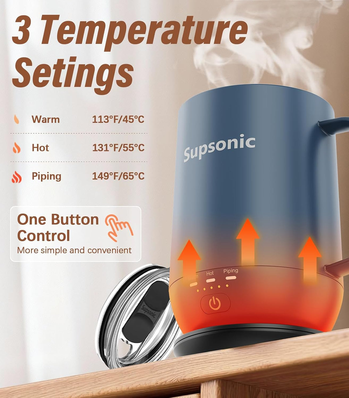 Supsonic - Taza de café autocalentable de 16 onzas, taza de café inteligente con calefacción más rápida de contacto directo de hasta 149 °F, juego de calentador de taza de café con apagado automático