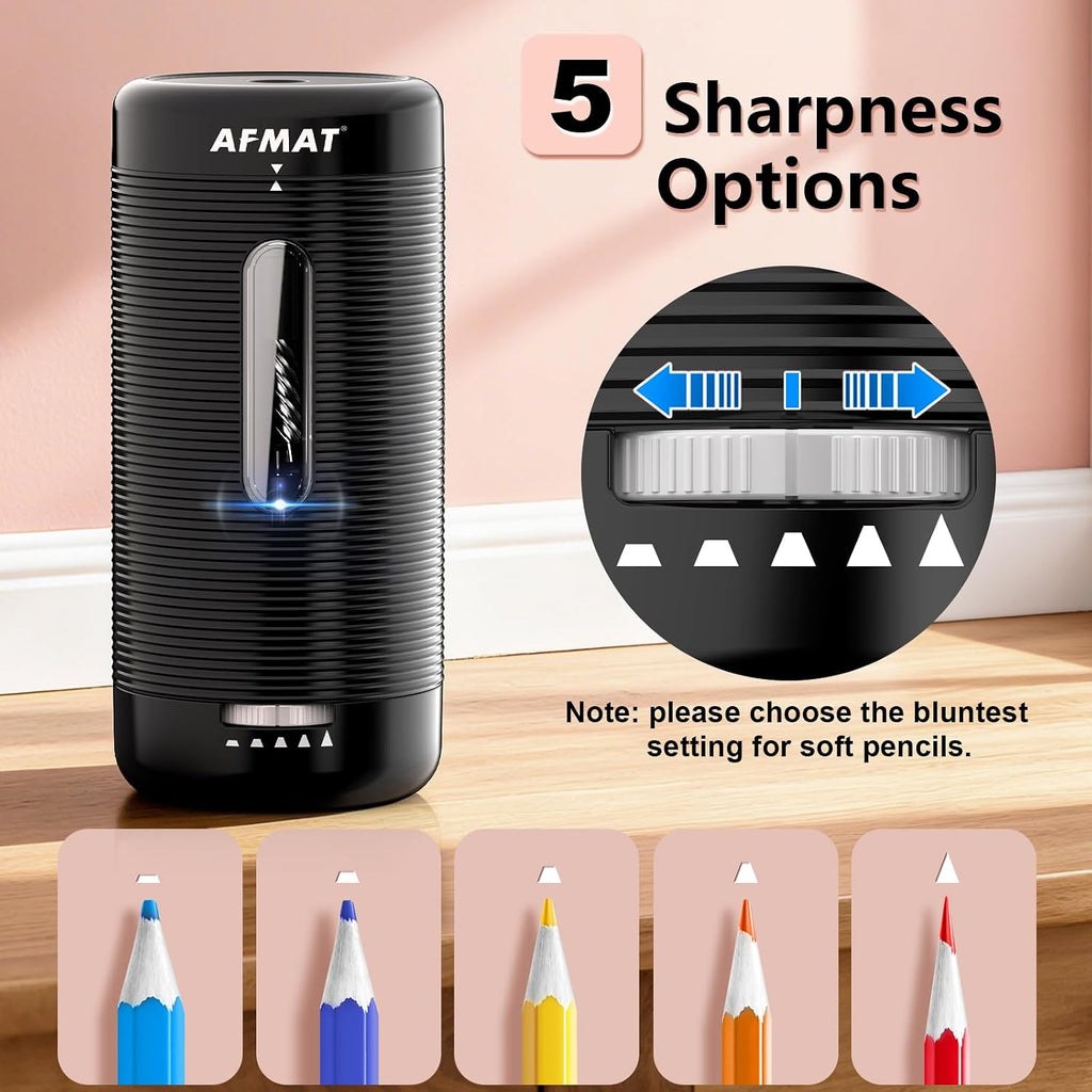 AFMAT PSC2 Sacapuntas eléctrico, sacapuntas totalmente automático, entrada y salida automática, sacapuntas manos libres recargables para lápices jumbo y de colores (0.23-0.47 pulgadas), portátil para
