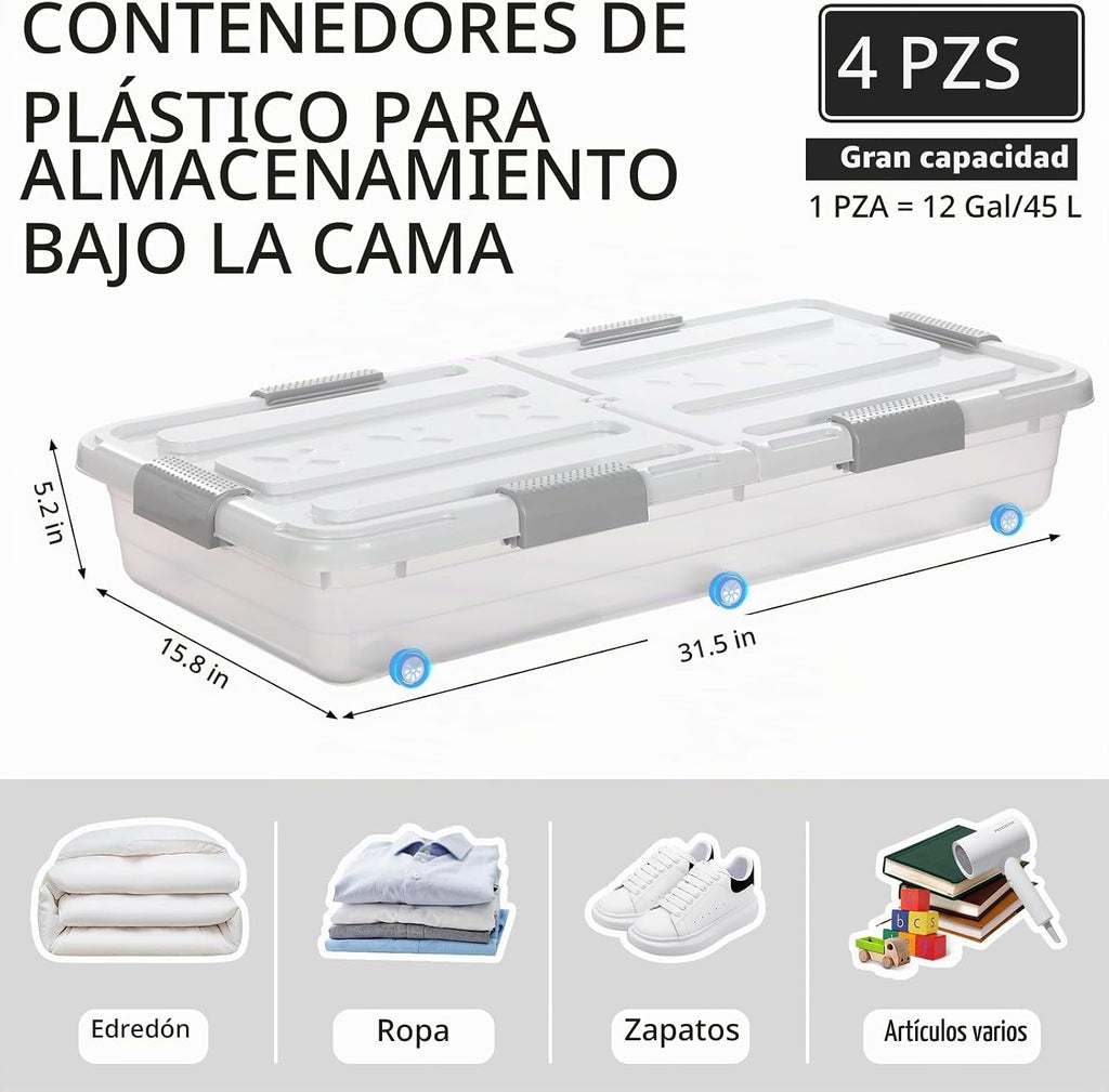 Beeveer - Contenedor de plástico para guardar debajo de la cama, 4 unidades