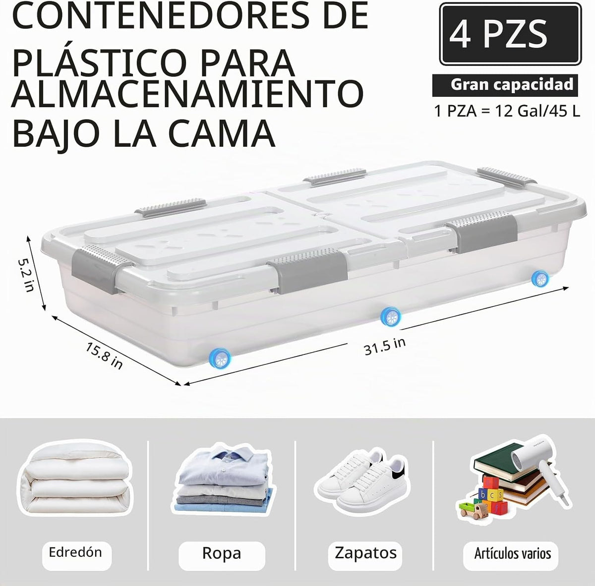 Beeveer - Contenedor de plástico para guardar debajo de la cama, 4 unidades