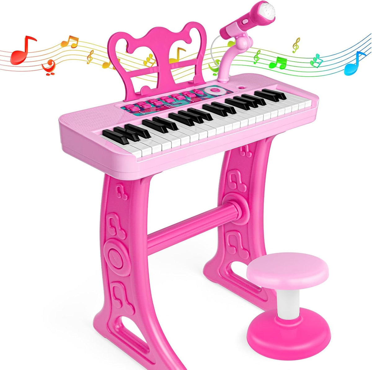 Amy&Benton - Regalo de cumpleaños para niñas de 3, 4, 5, 6, 7 años, piano de juguete con soporte para niñas de 3 a 5 años, juguete de teclado musical rosa, 37 teclas con silla